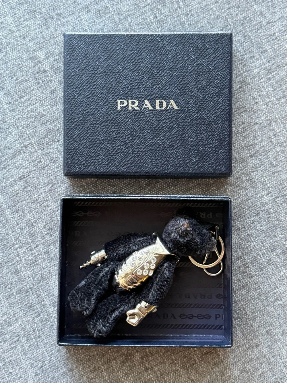 Prada Black Teddy Bear Keychain with Silver Hardware